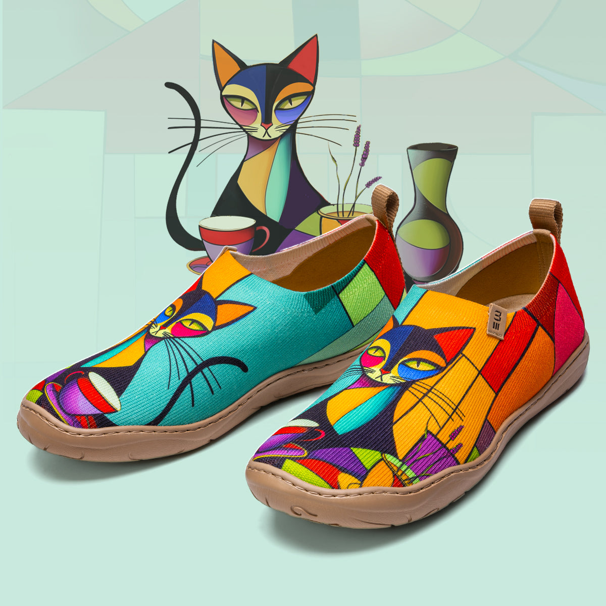 Women's Foldable Loafers, Colorful Geometric Cat Painted Canvas Slip-On Sneakers, 100% Polyester Textured Yarn