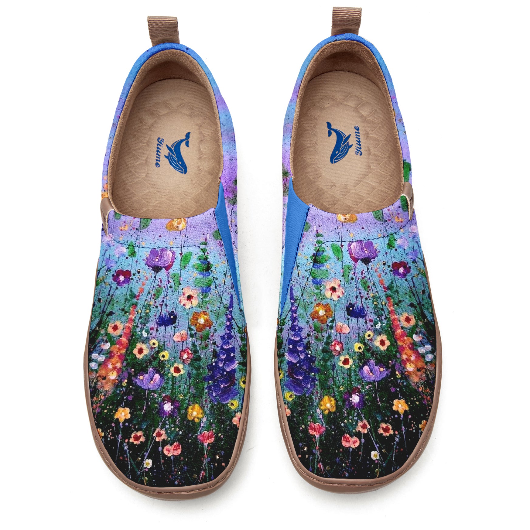 Yiume Women's Art Floral Slip-On Casual Canvas Sneakers Twilight Blue Hibiscus Bloom Oil Painting Painted