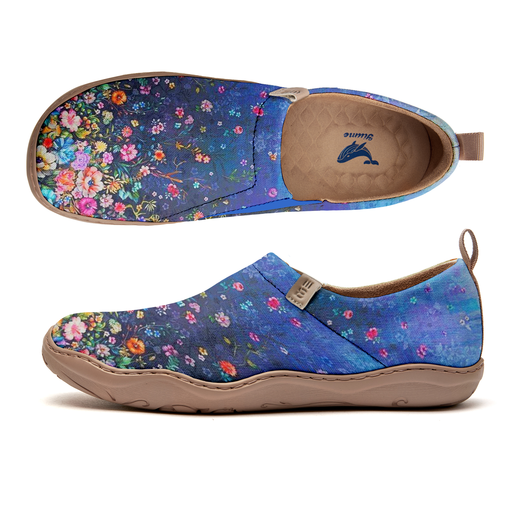 Yiume Women's Art Slip-On Casual Shoes Navy Blue Floral Painted,100% Cotton