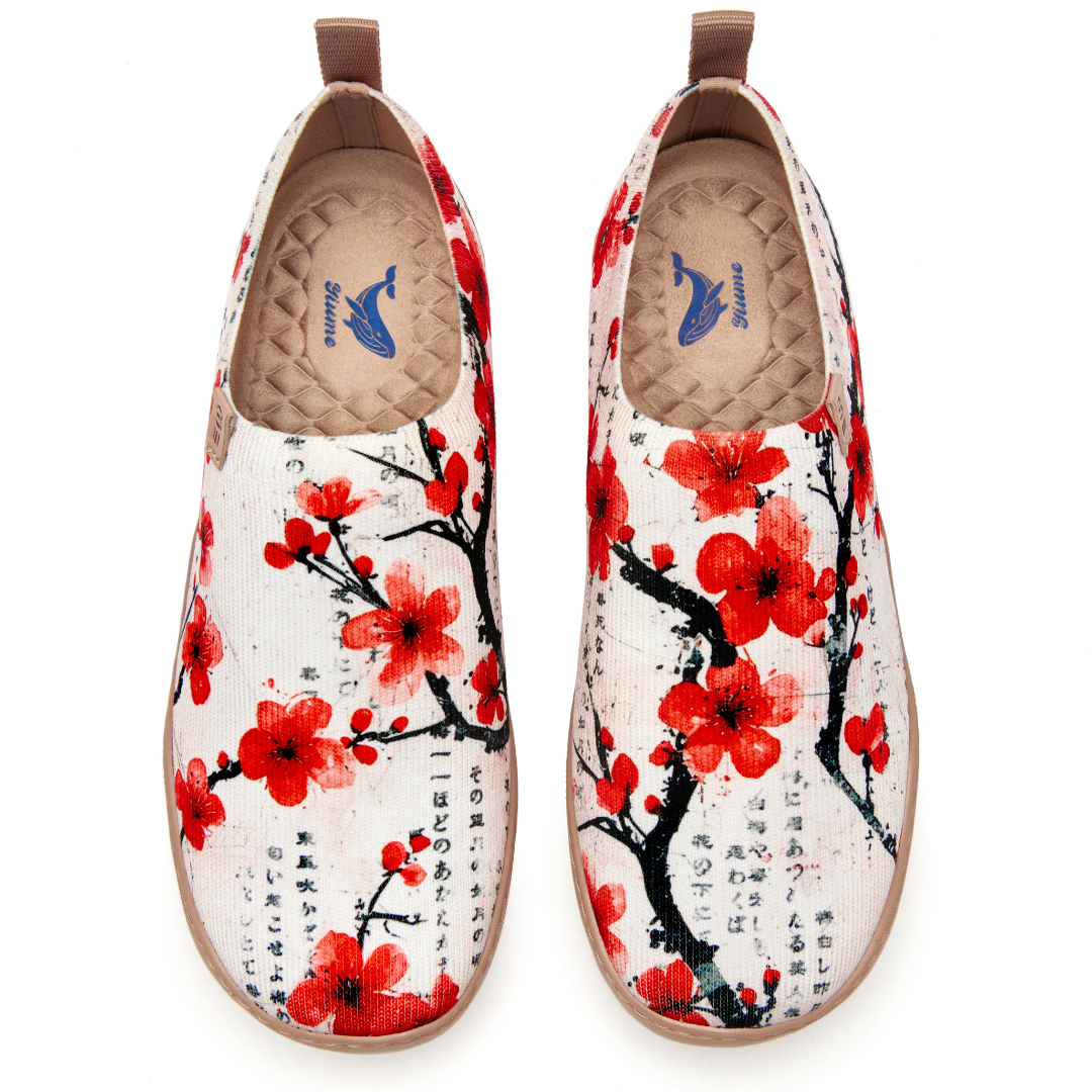 Poetic Plum Blossom Women's Slip-On Shoes, 100% Polyester Textured Yarn,  Painted Canvas Sneakers