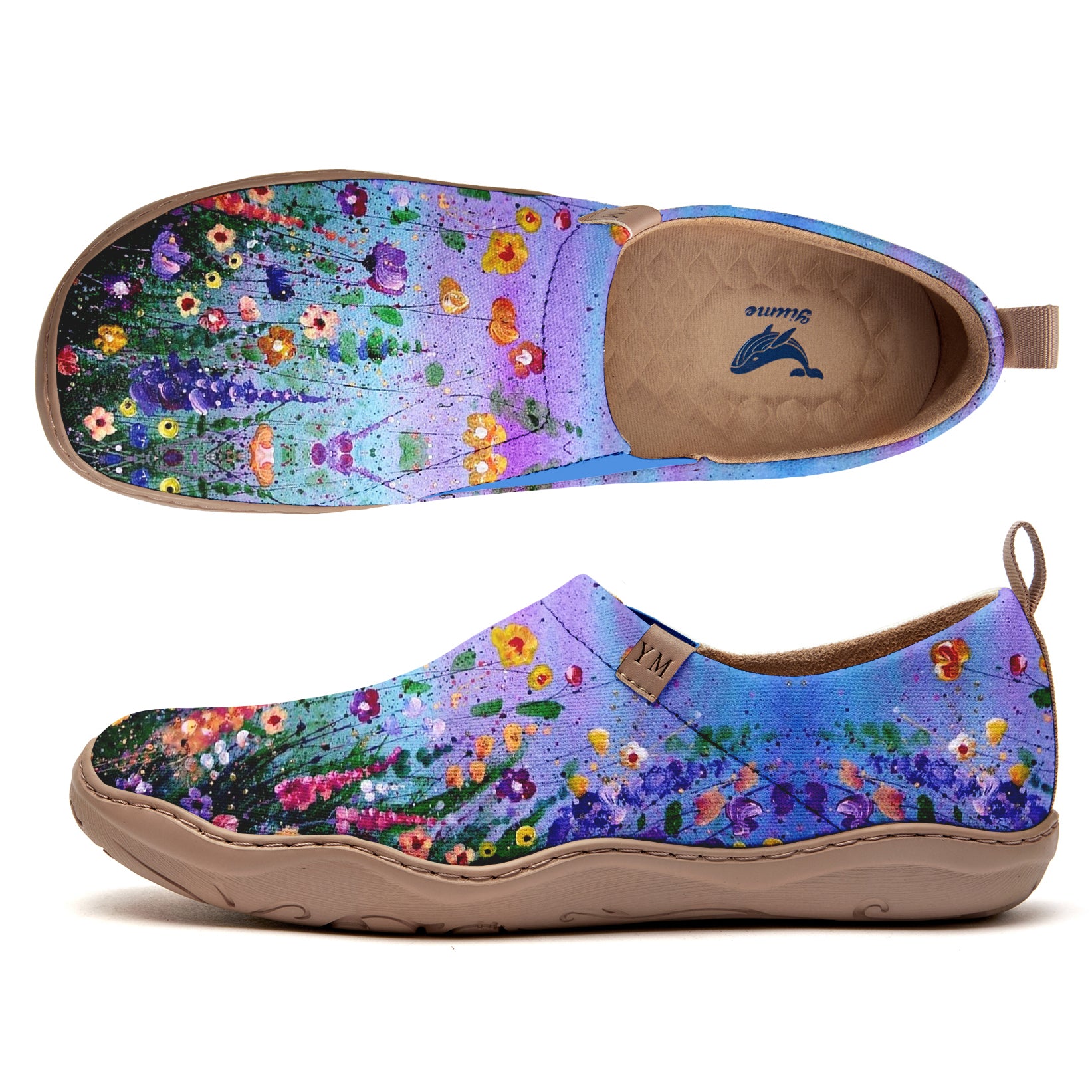 Yiume Women's Art Floral Slip-On Casual Canvas Sneakers Twilight Blue Hibiscus Bloom Oil Painting Painted