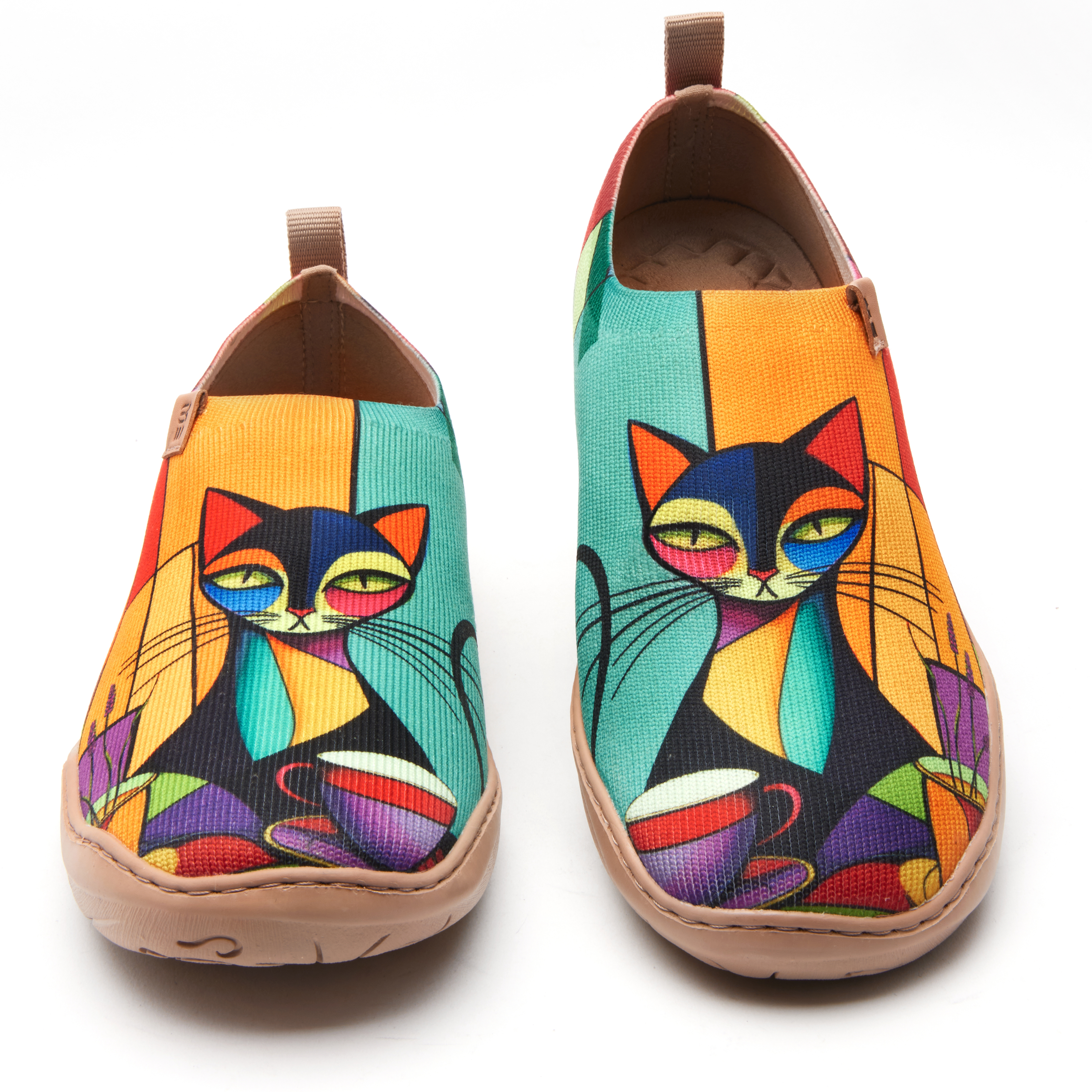 Women's Foldable Loafers, Colorful Geometric Cat Painted Canvas Slip-On Sneakers, 100% Polyester Textured Yarn