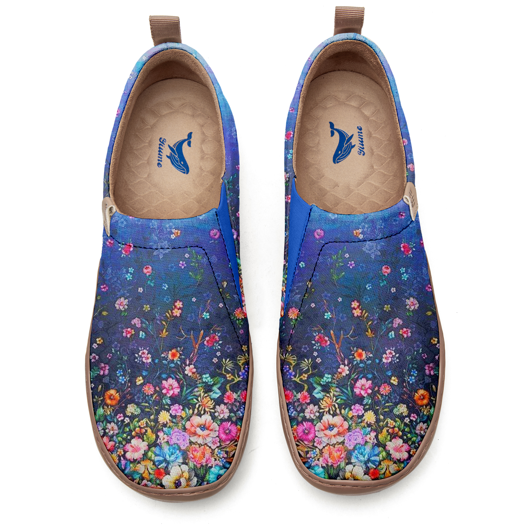 Yiume Women's Art Slip-On Casual Shoes Navy Blue Floral Painted,100% Cotton