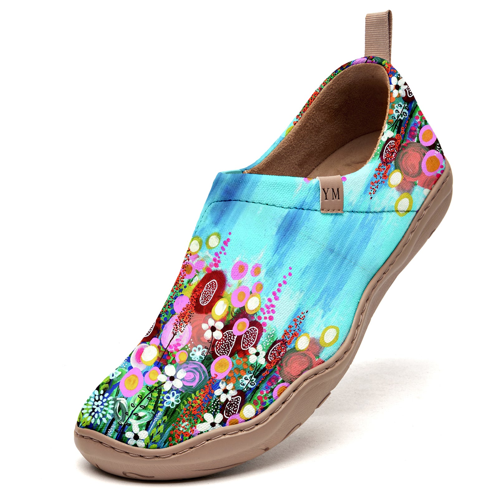 Women's Foldable Loafers,Blue Floral Painted Canvas Slip-On Sneakers,100% Cotton