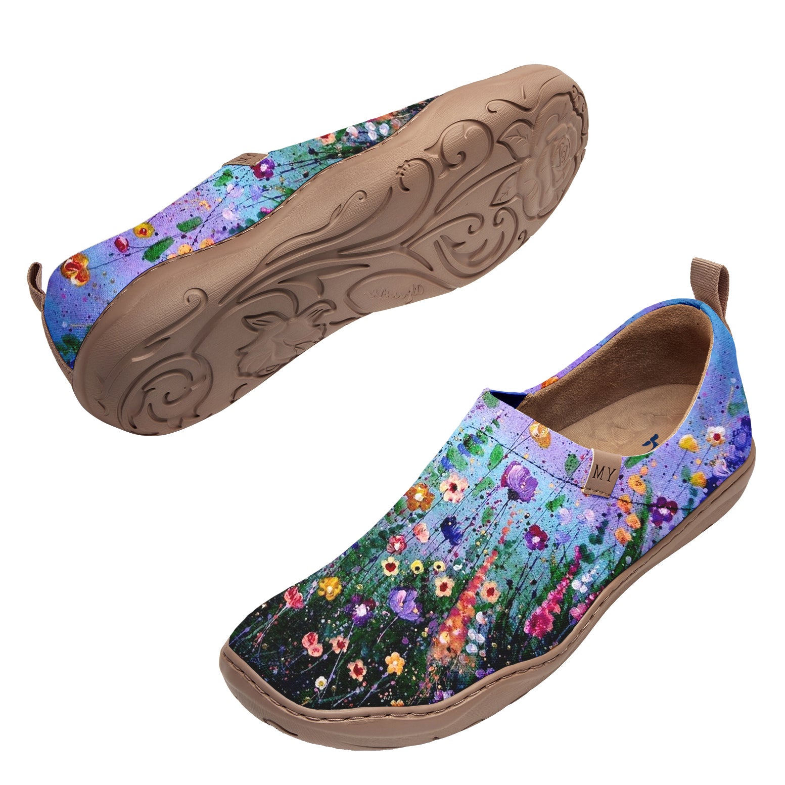 Yiume Women's Art Floral Slip-On Casual Canvas Sneakers Twilight Blue Hibiscus Bloom Oil Painting Painted