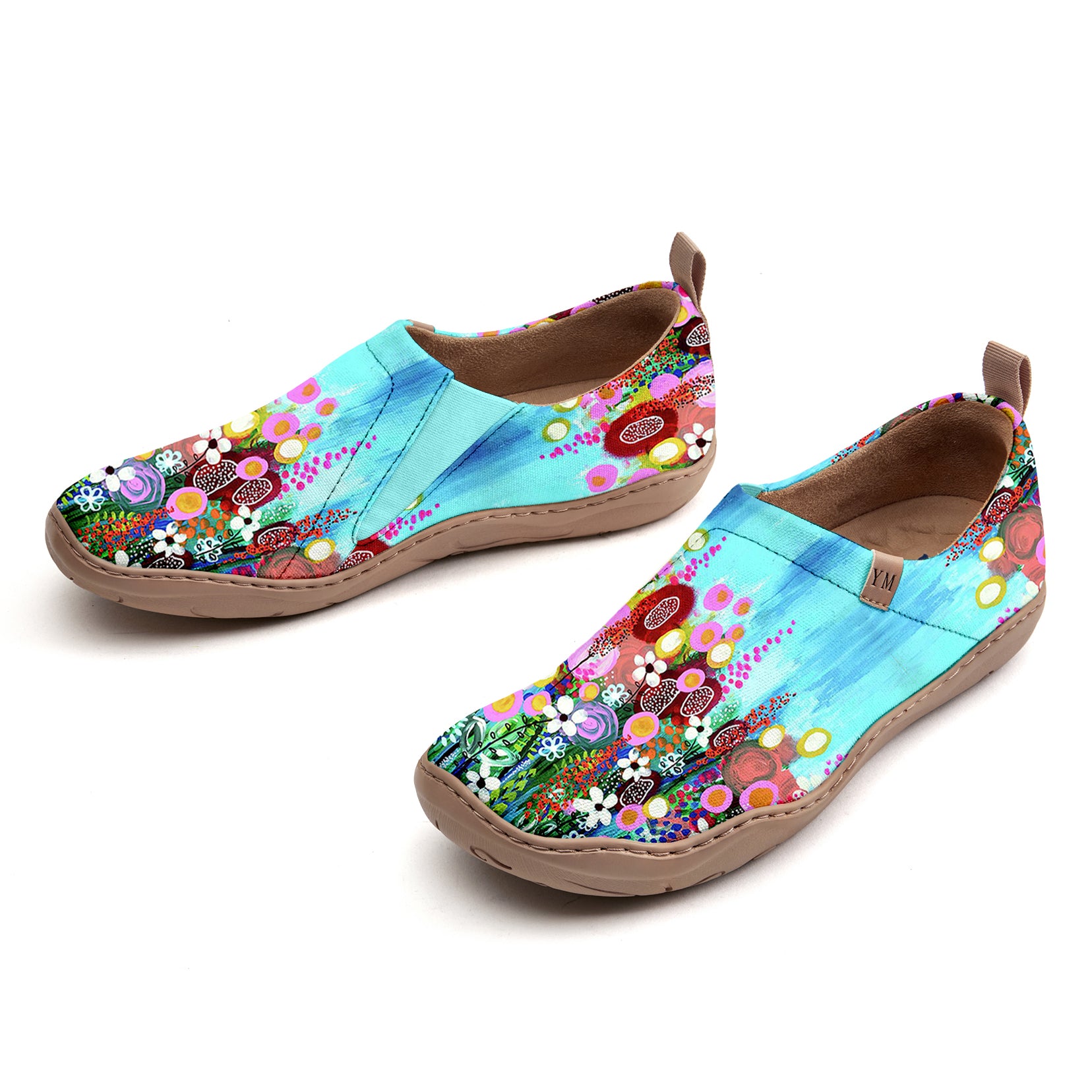 Women's Foldable Loafers,Blue Floral Painted Canvas Slip-On Sneakers,100% Cotton