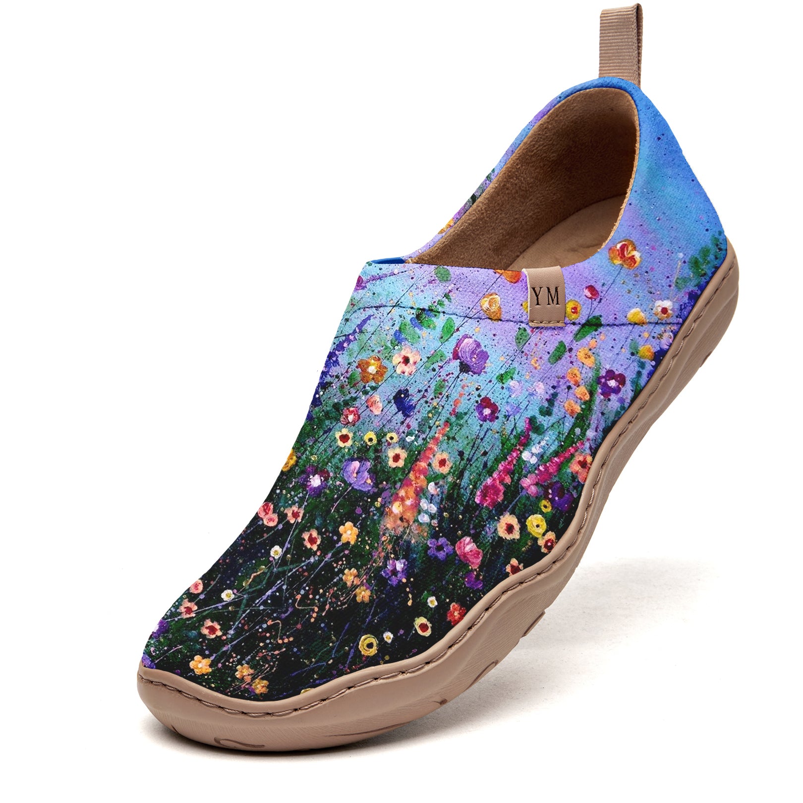 Yiume Women's Art Floral Slip-On Casual Canvas Sneakers Twilight Blue Hibiscus Bloom Oil Painting Painted