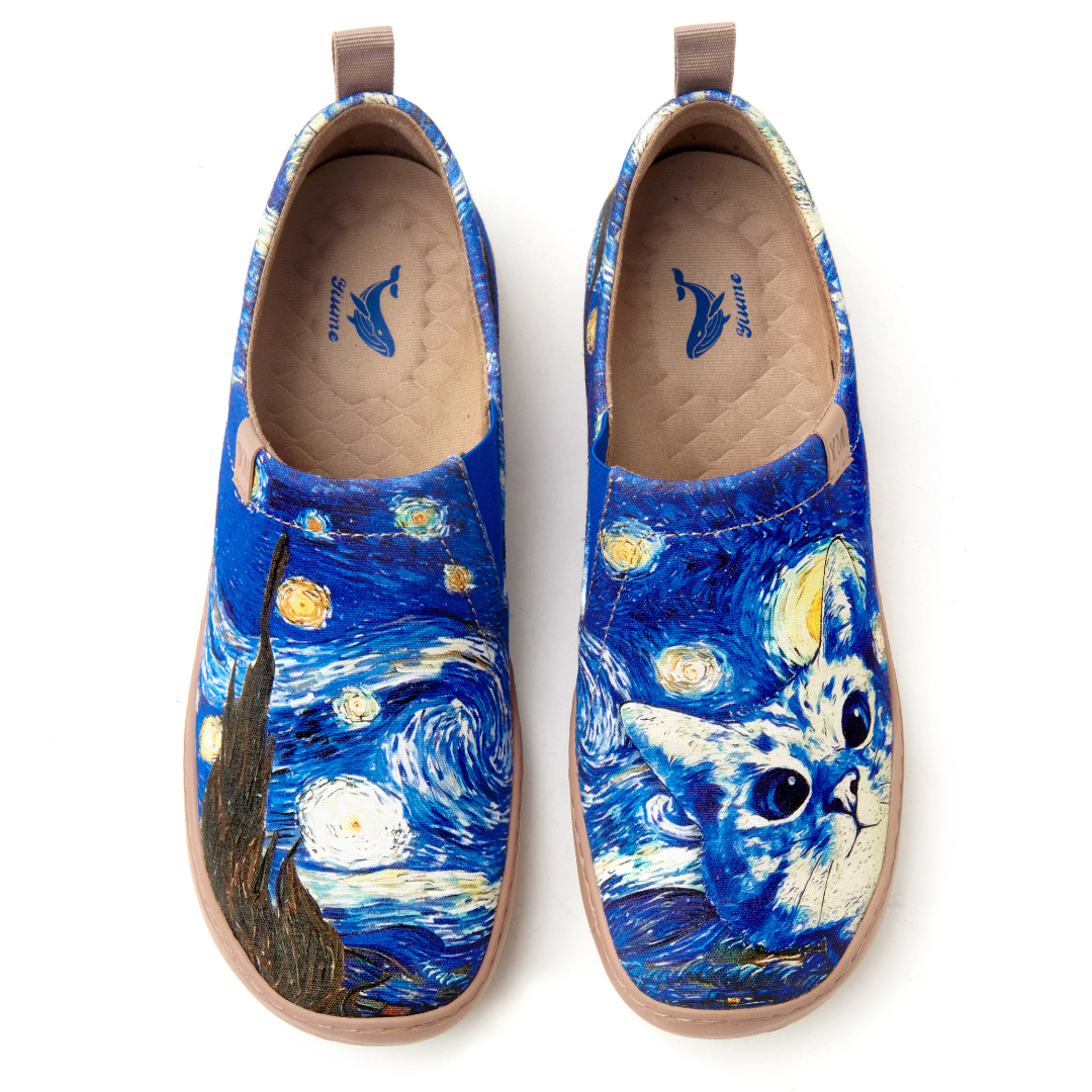 Women's Foldable Loafers, Van Gogh Art Painted Canvas Slip-On Sneakers, 100% Polyester Textured Yarn