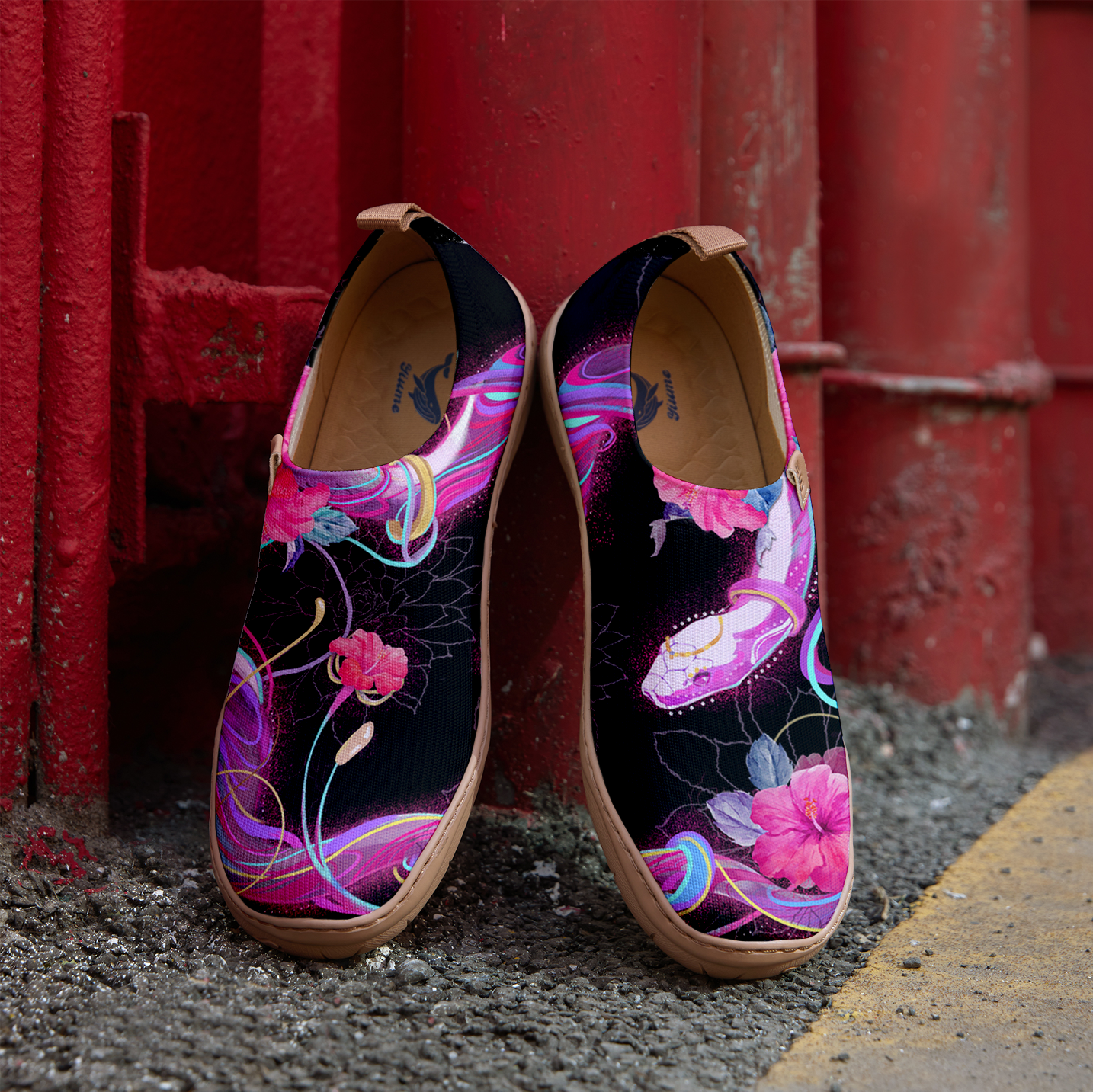 Yiume Women's Art Slip-On Shoes Comfortable Breathable Knit Casual Footwear,Snake and Blossom Symphony