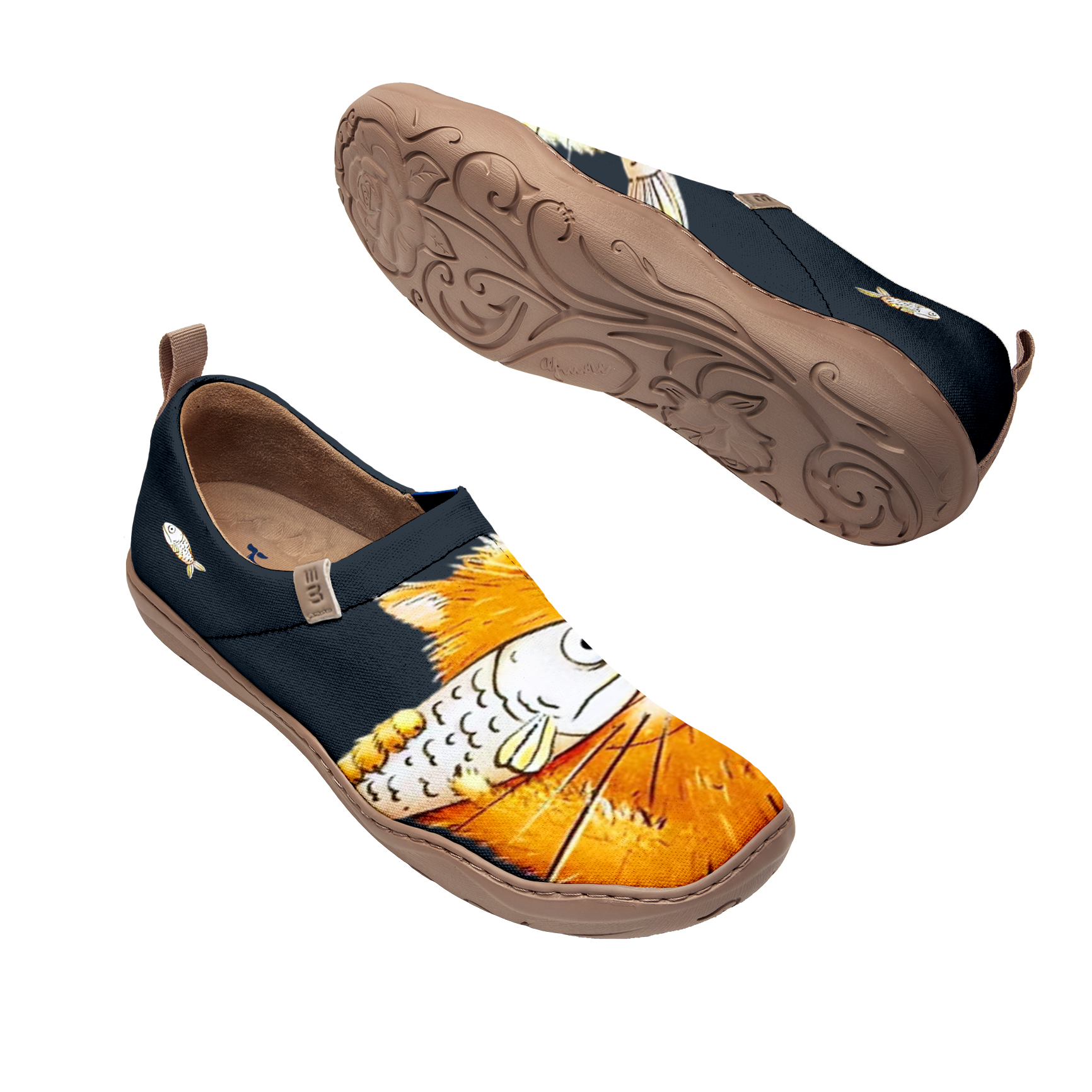 Women's Yellow Shoes Featuring Orange Cat With Fish