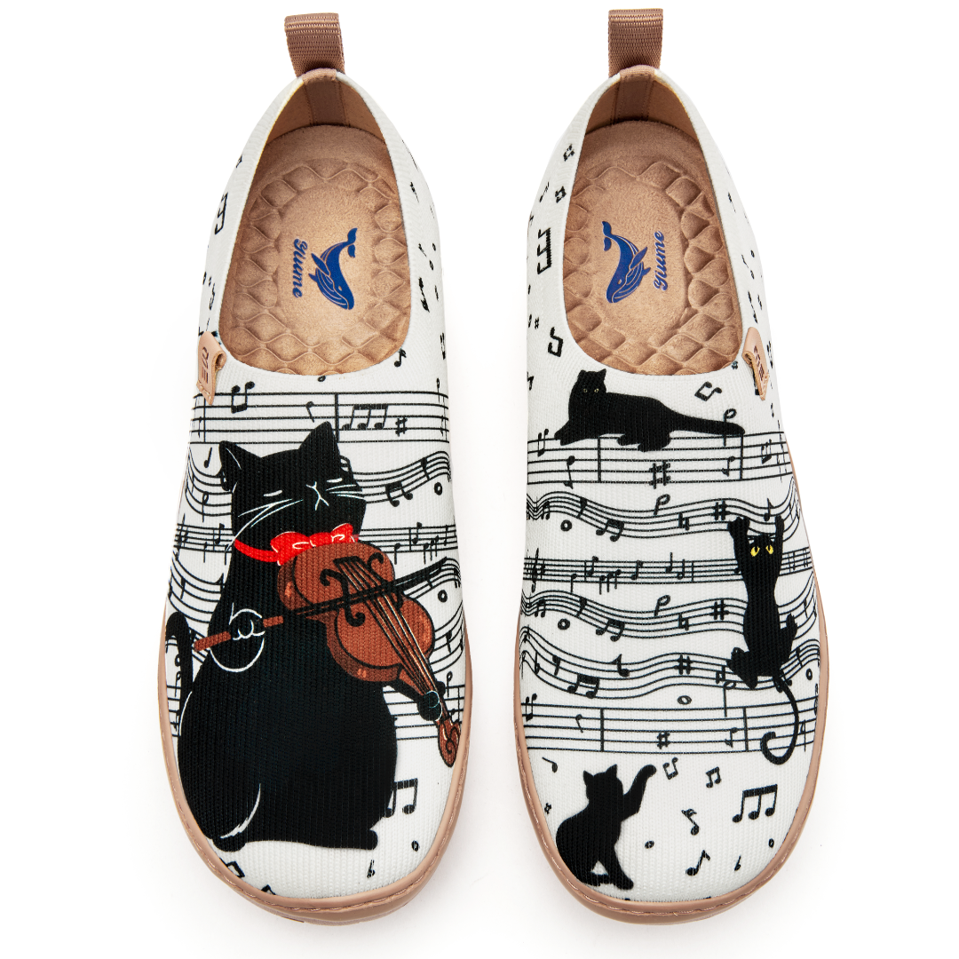 Black Cat Melody Women's Slip-On Shoes, 100% Polyester Textured Yarn, Painted Canvas Sneakers