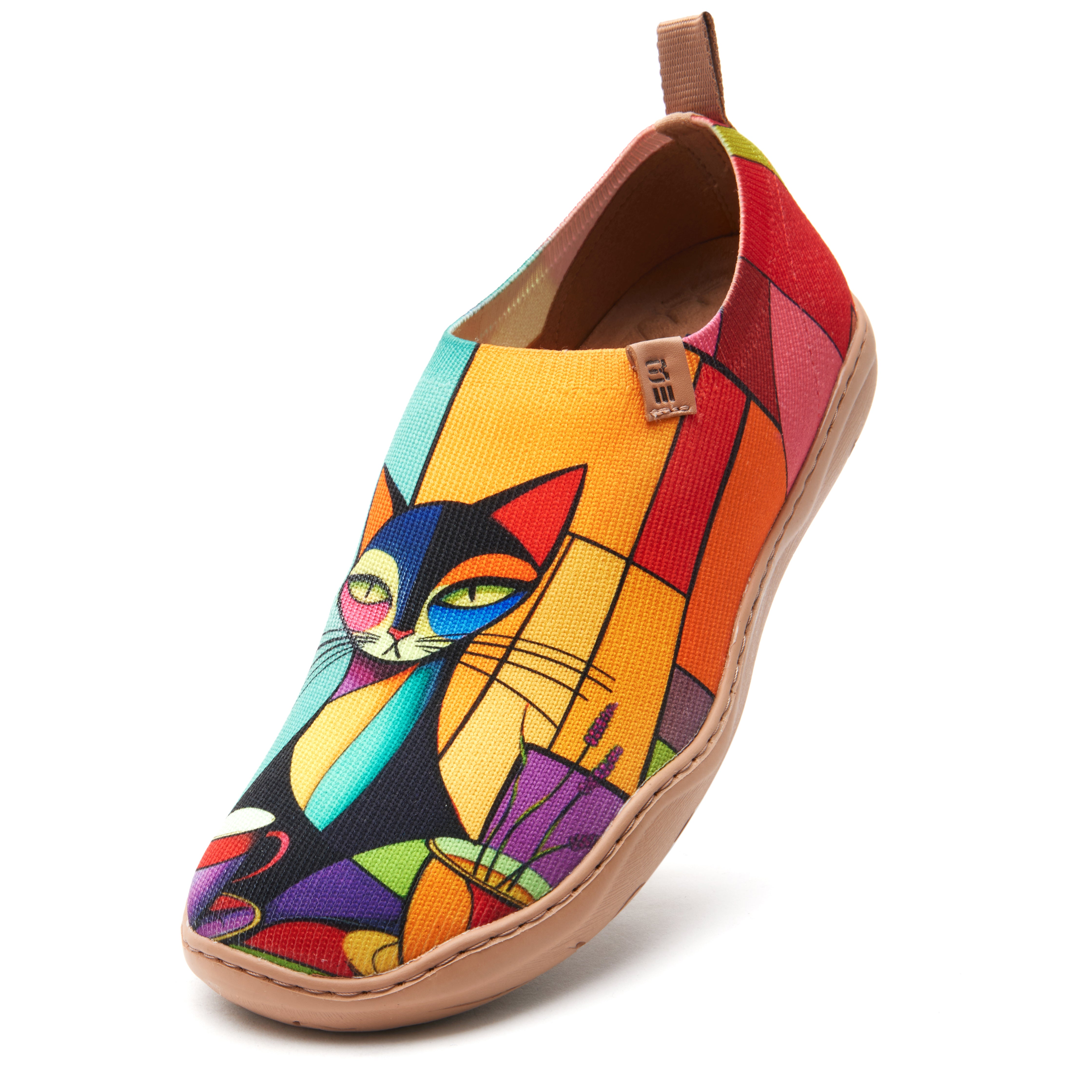 Women's Foldable Loafers, Colorful Geometric Cat Painted Canvas Slip-On Sneakers, 100% Polyester Textured Yarn