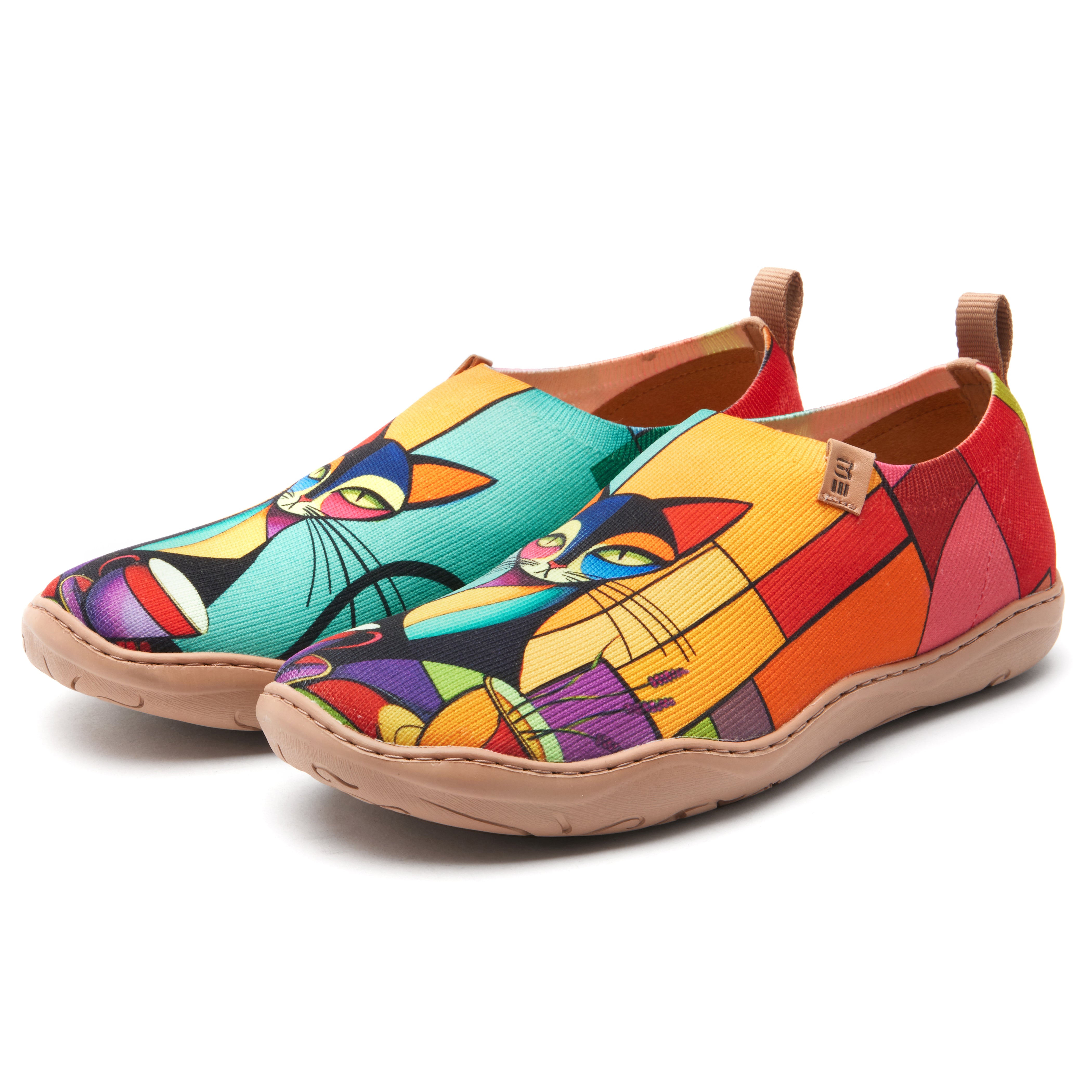 Women's Foldable Loafers, Colorful Geometric Cat Painted Canvas Slip-On Sneakers, 100% Polyester Textured Yarn