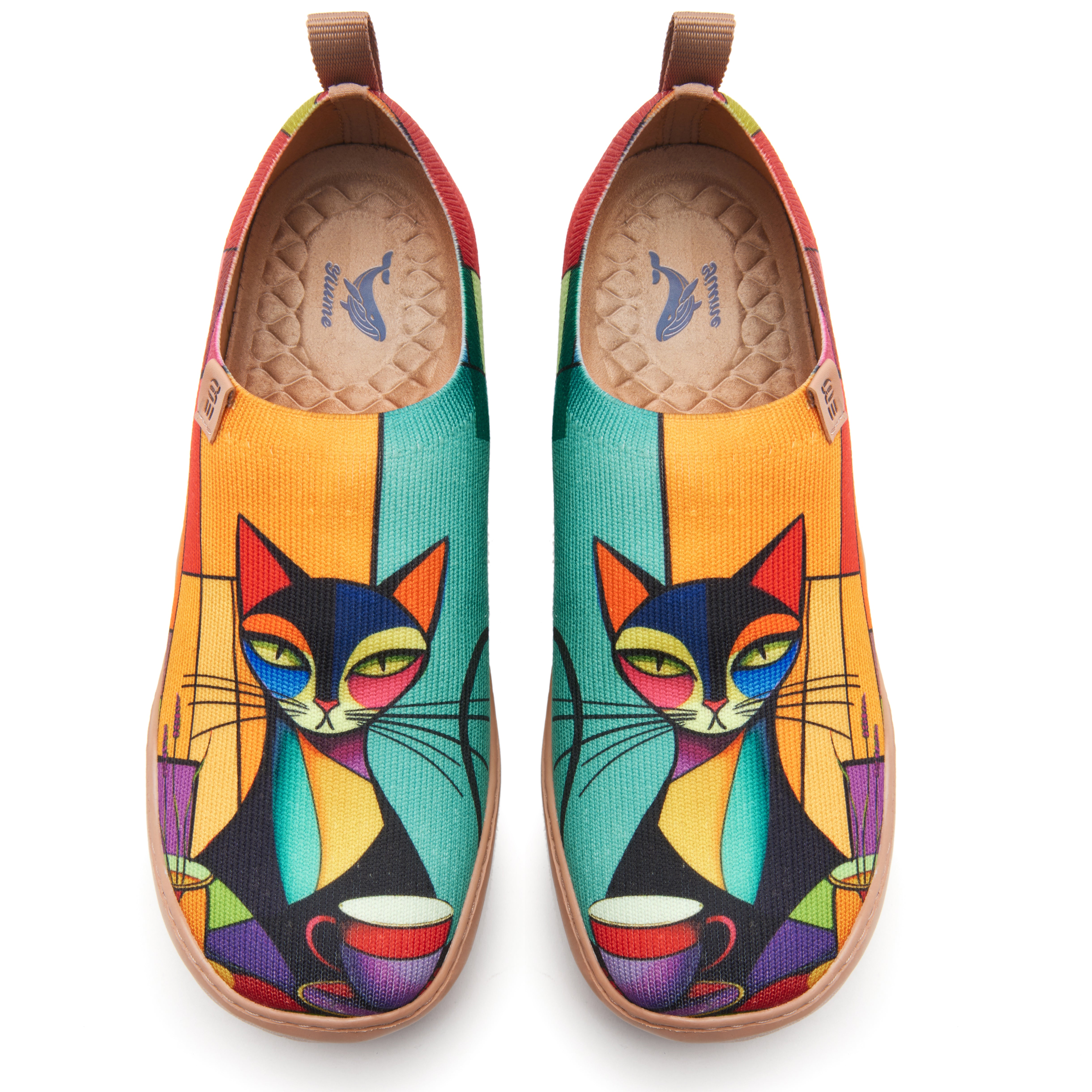 Women's Foldable Loafers, Colorful Geometric Cat Painted Canvas Slip-On Sneakers, 100% Polyester Textured Yarn