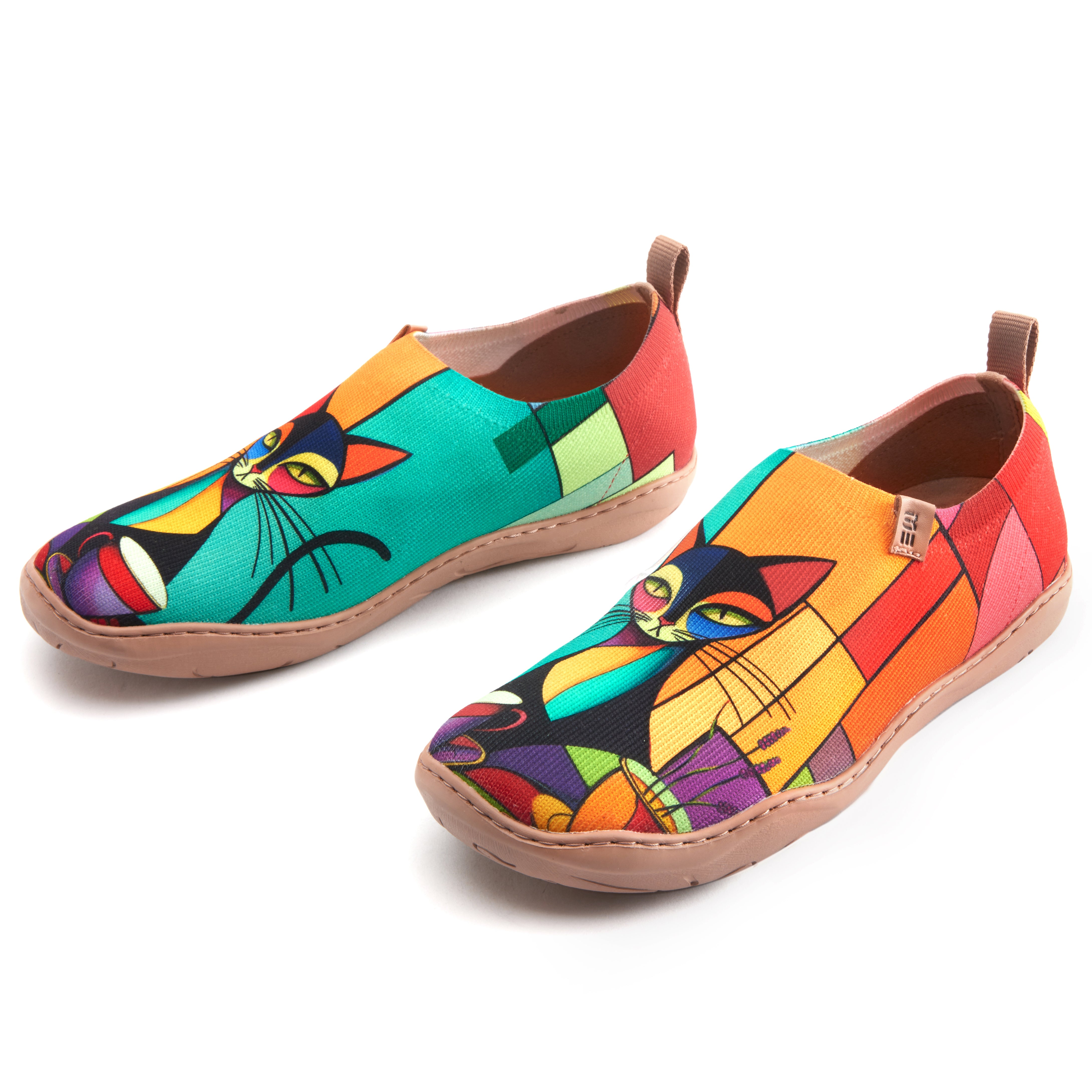 Women's Foldable Loafers, Colorful Geometric Cat Painted Canvas Slip-On Sneakers, 100% Polyester Textured Yarn