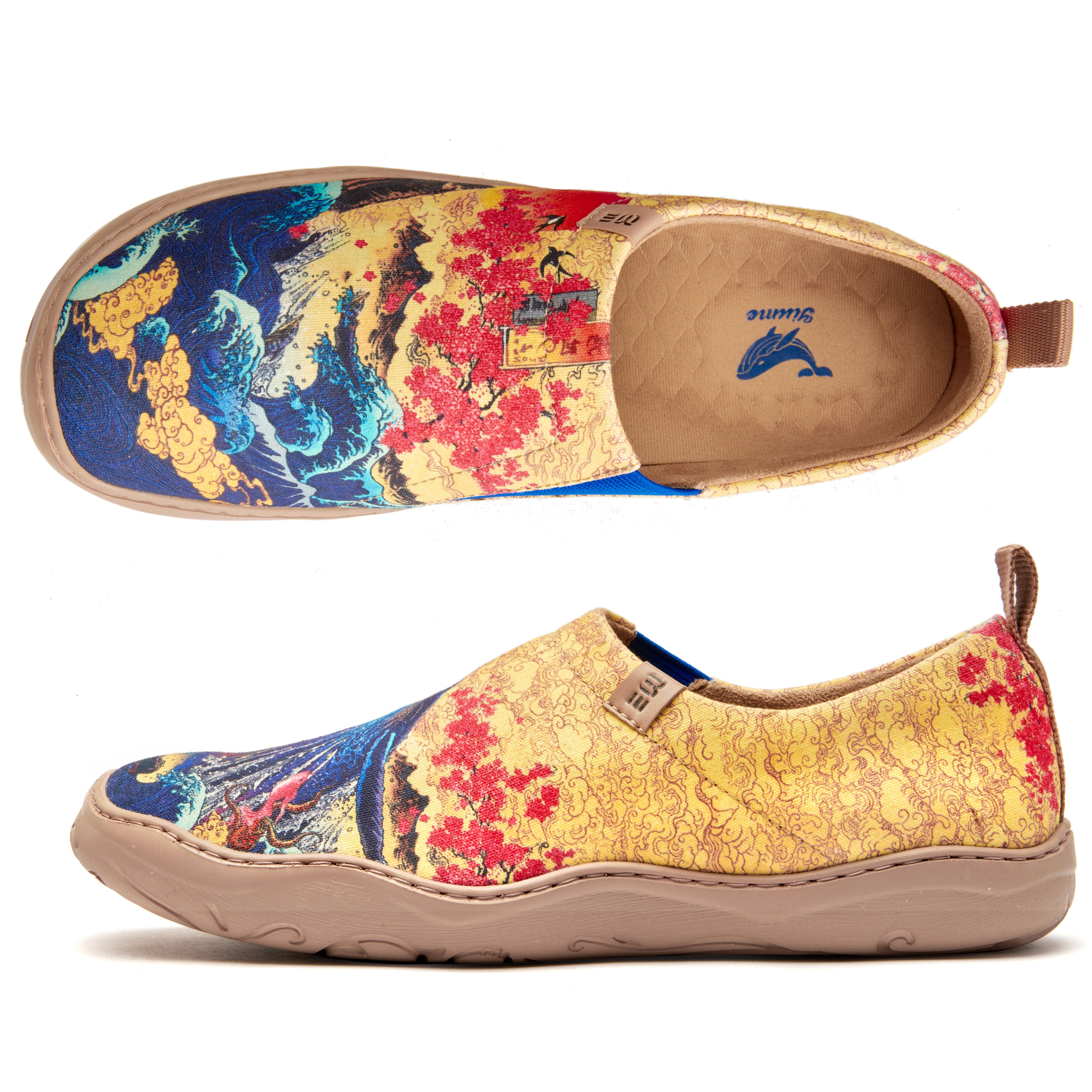 Women's Foldable Loafers, The Great Wave Painted Canvas Slip-On Sneakers, 100% Polyester Textured Yarn