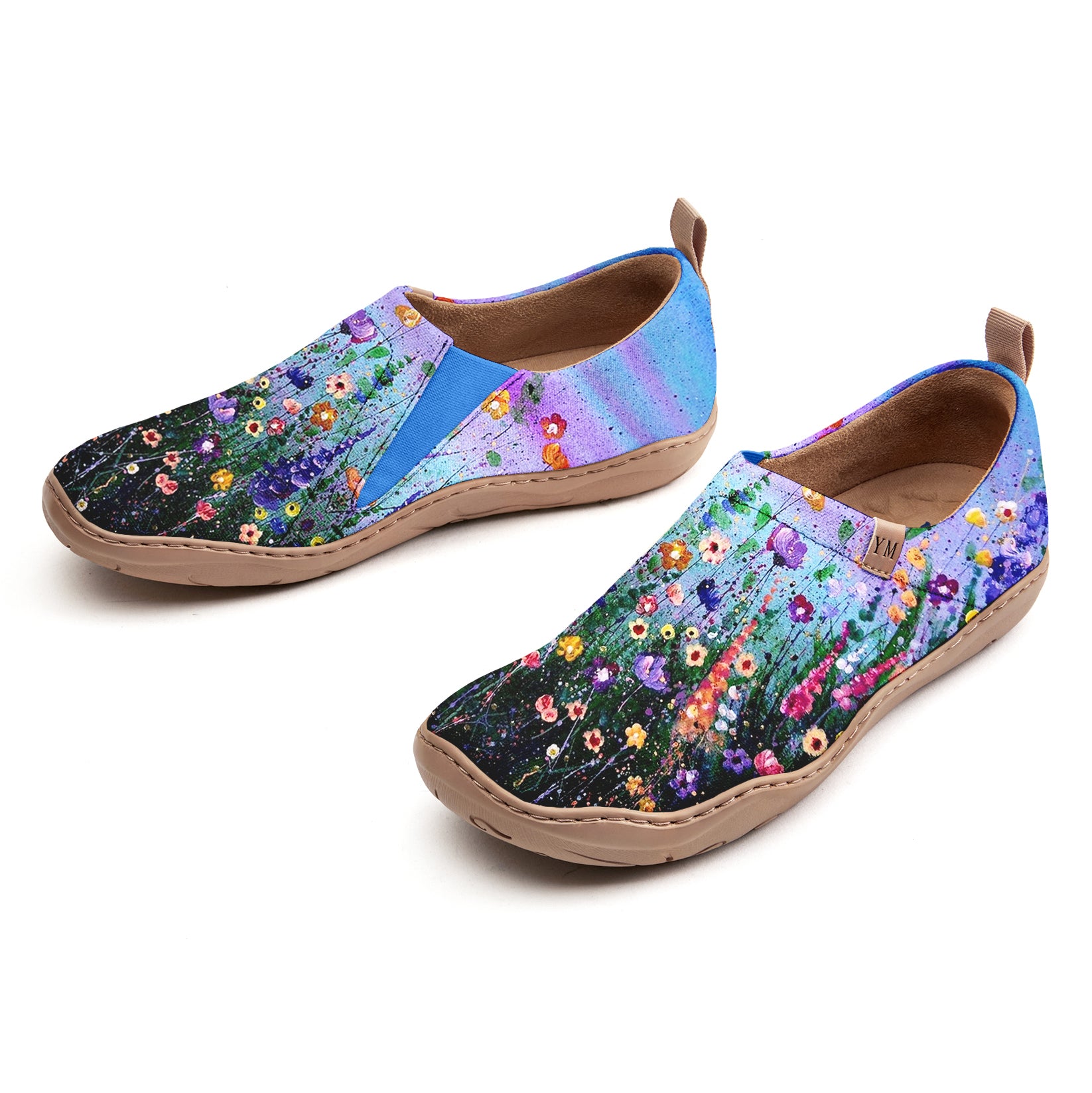 Yiume Women's Art Floral Slip-On Casual Canvas Sneakers Twilight Blue Hibiscus Bloom Oil Painting Painted