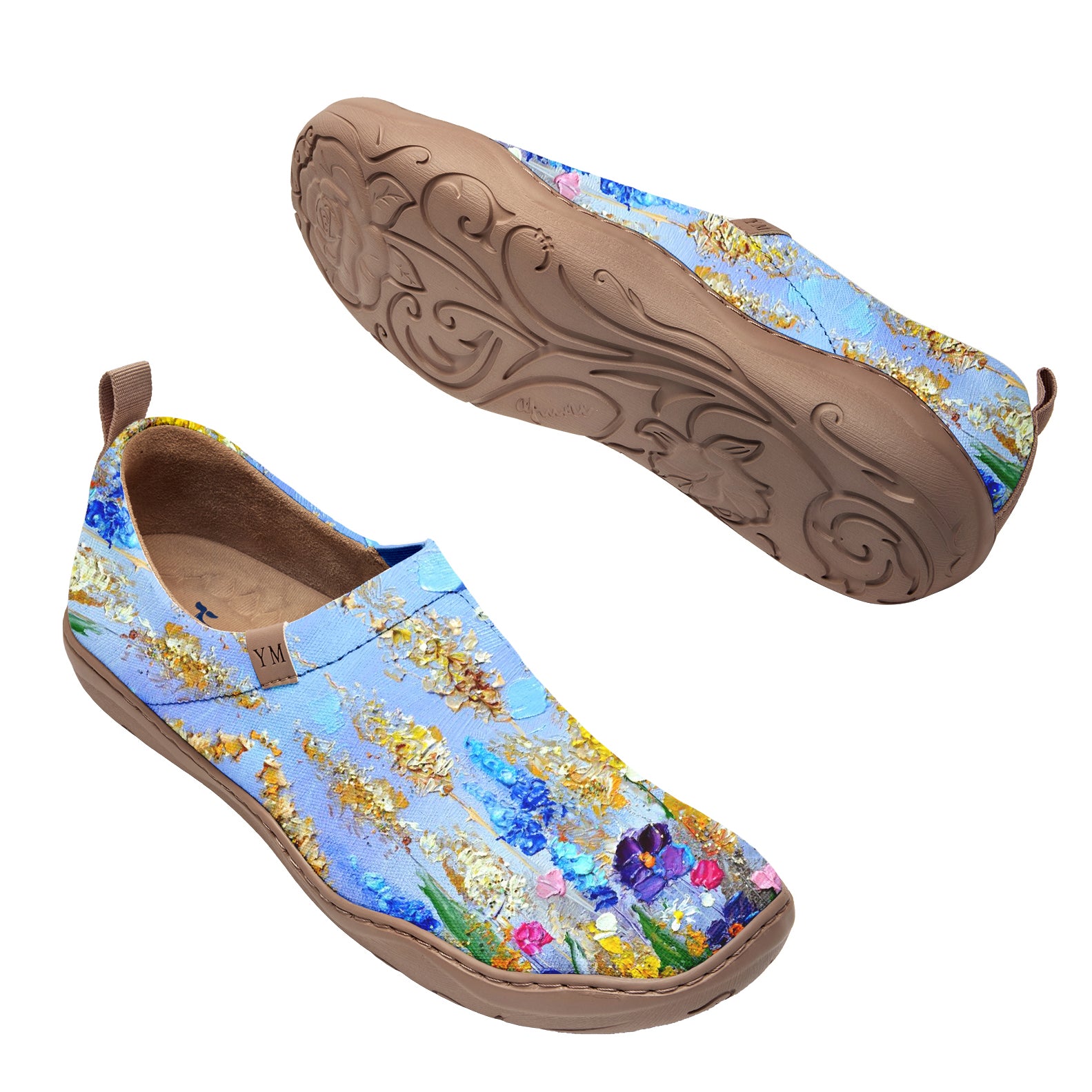 Yiume Women's Art Floral Slip-On Casual Canvas Sneakers Lavender Oil Painting Blue Painted