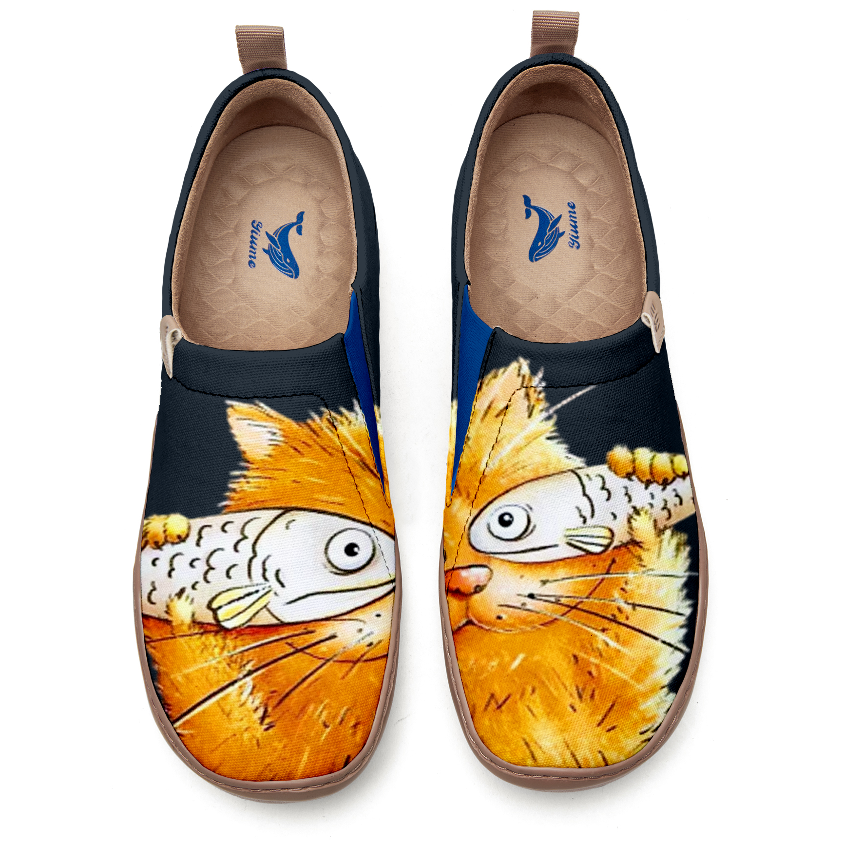 Women's Yellow Shoes Featuring Orange Cat With Fish