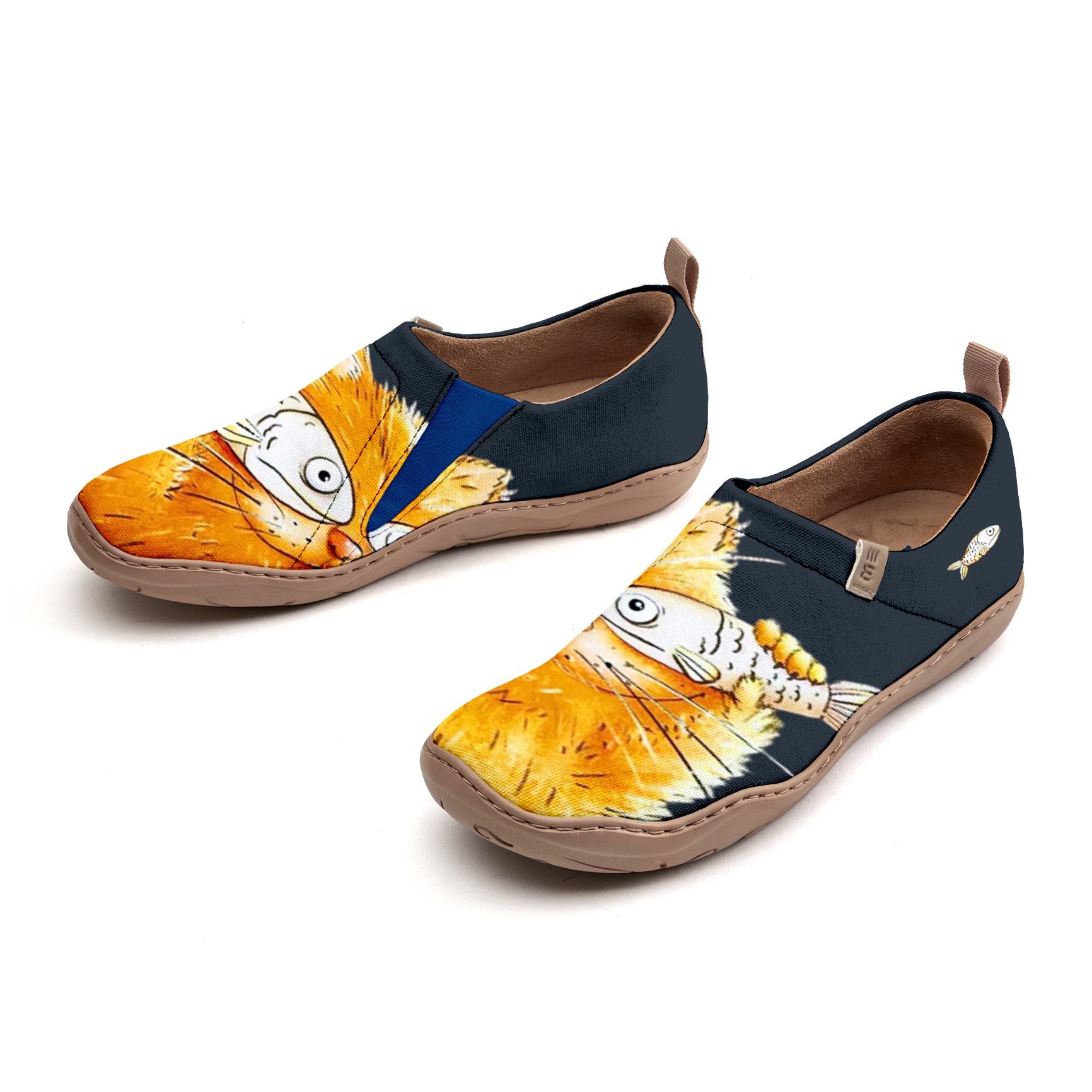 Women's Yellow Shoes Featuring Orange Cat With Fish