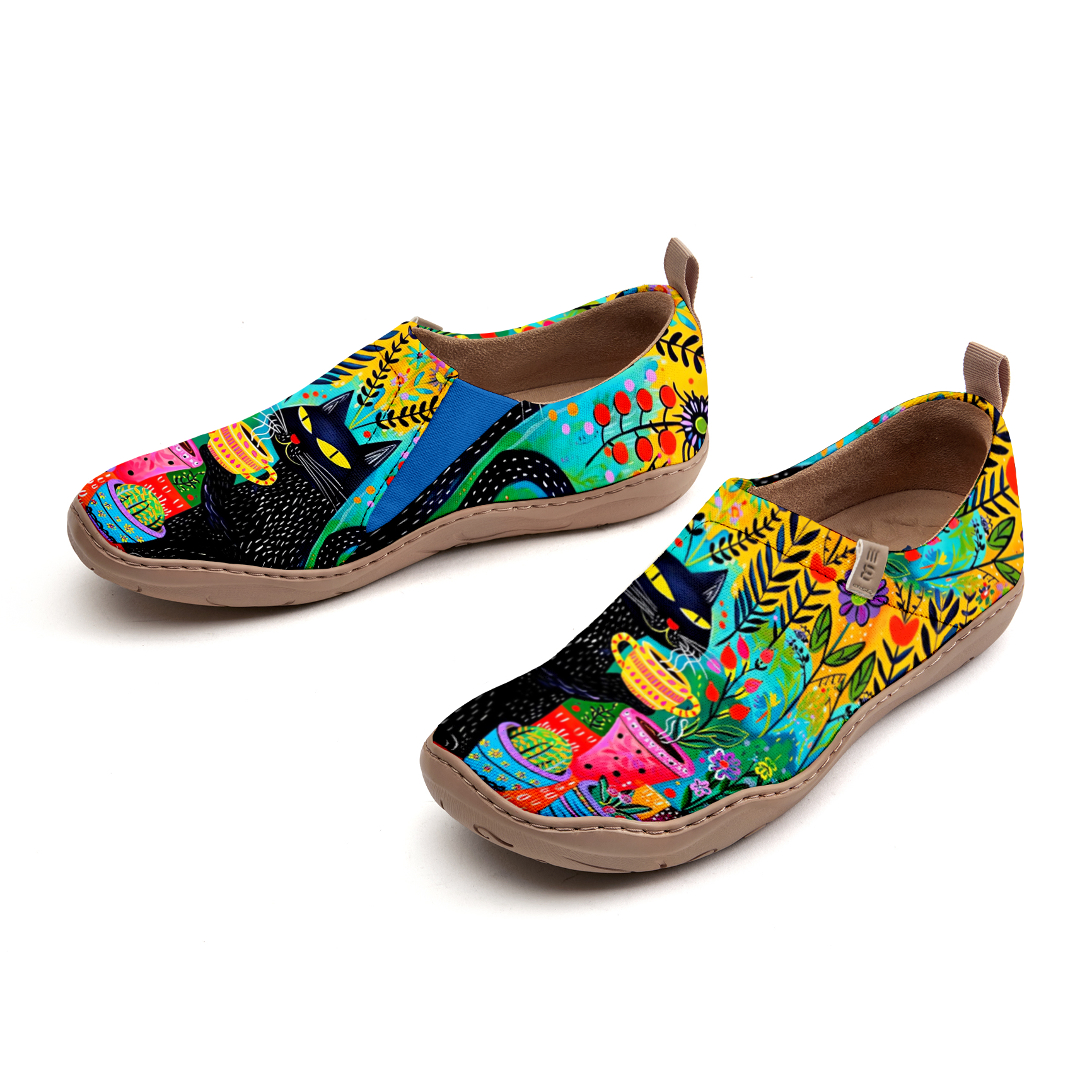 Yiume Women's Art Slip-On Casual Canvas Shoes Colorful Cat Coffee Painted,100% Cotton