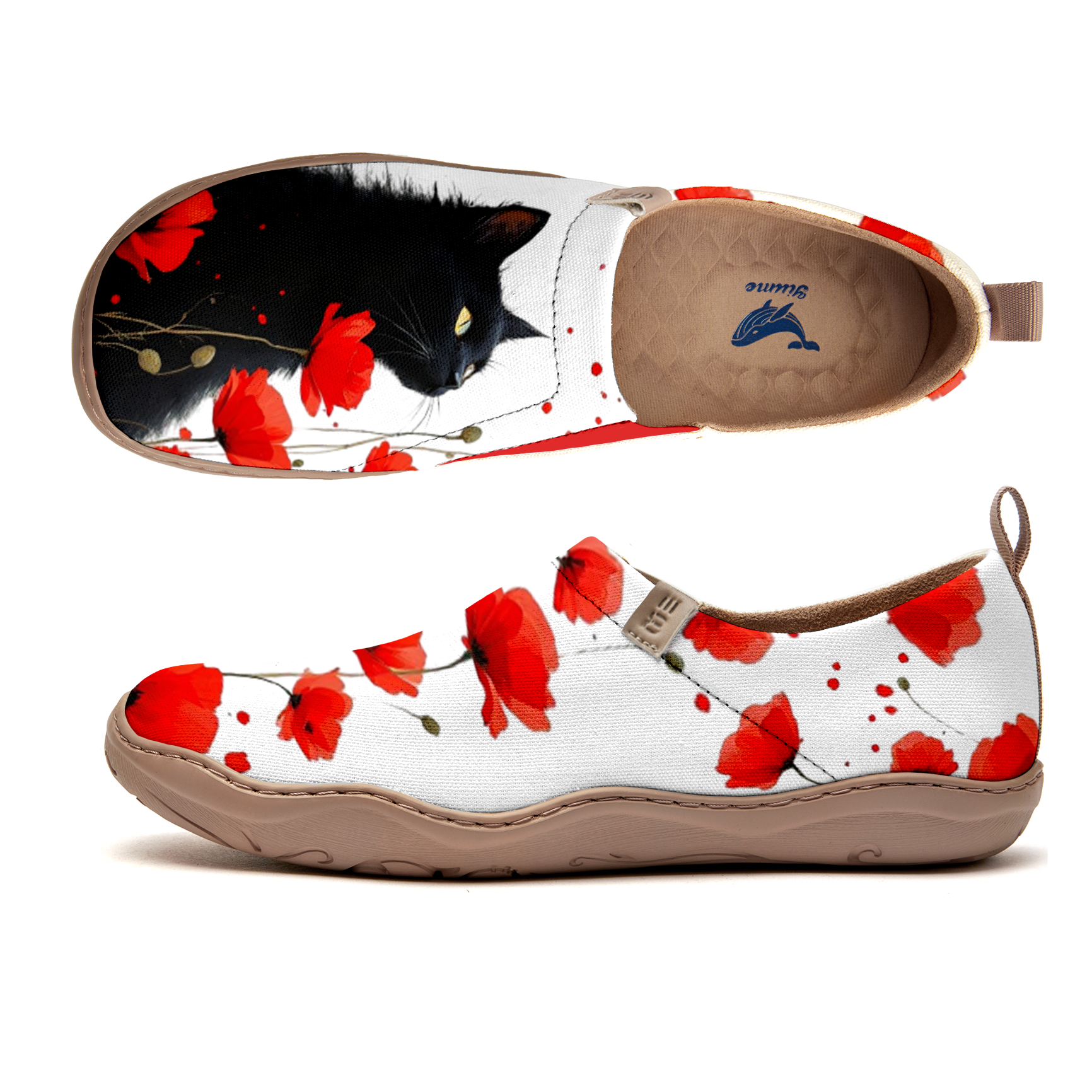 Black Cat Red Blossom Black Women's Shoes