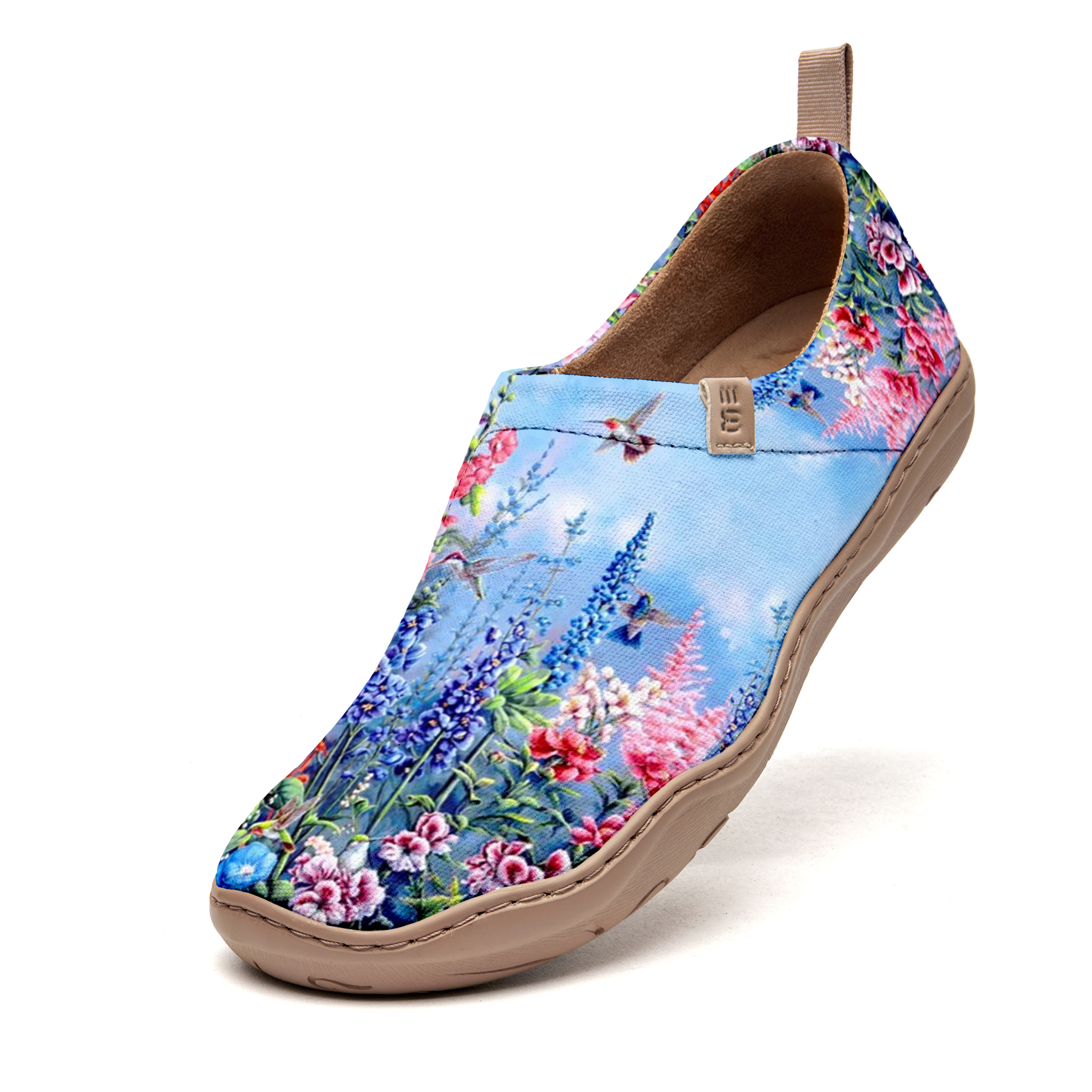 Women's Shoes With Blue Realistic Oil Painting Of Flowers And Birds
