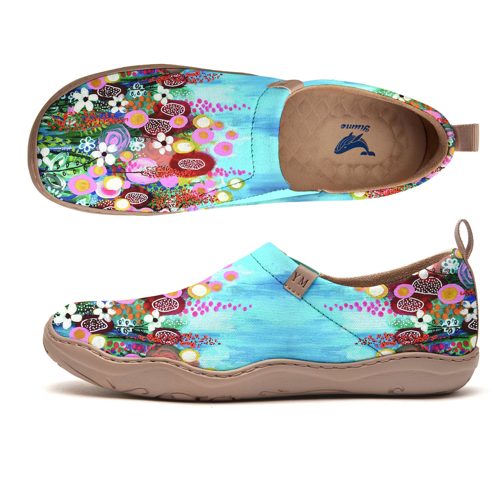 Women's Foldable Loafers,Blue Floral Painted Canvas Slip-On Sneakers,100% Cotton