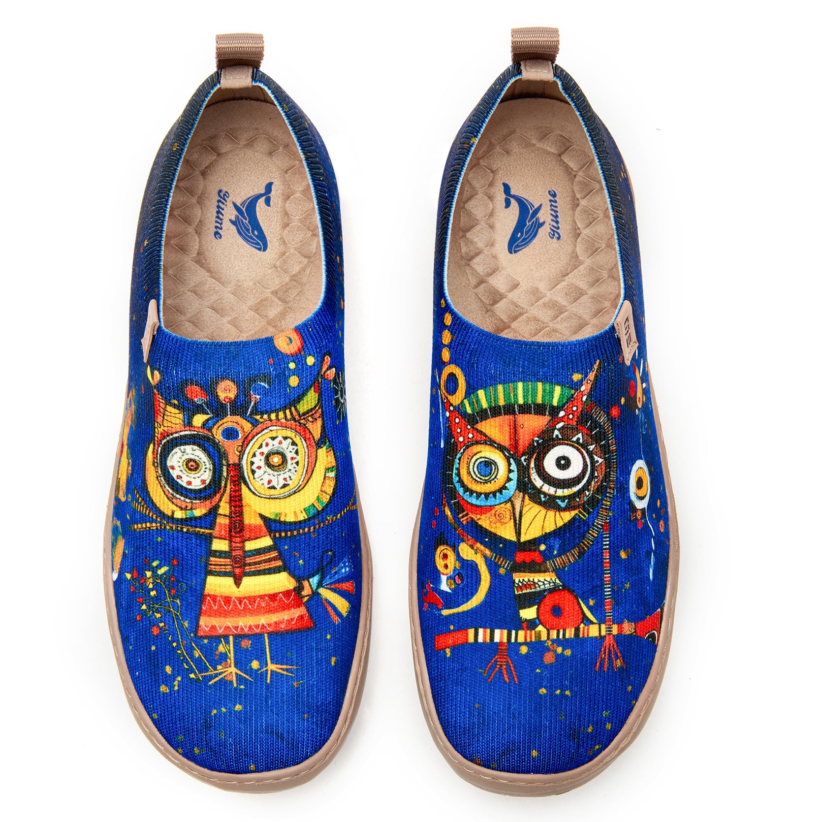 Women's Foldable Loafers, Funny Owl Painted Canvas Slip-On Sneakers, 100% Polyester Textured Yarn